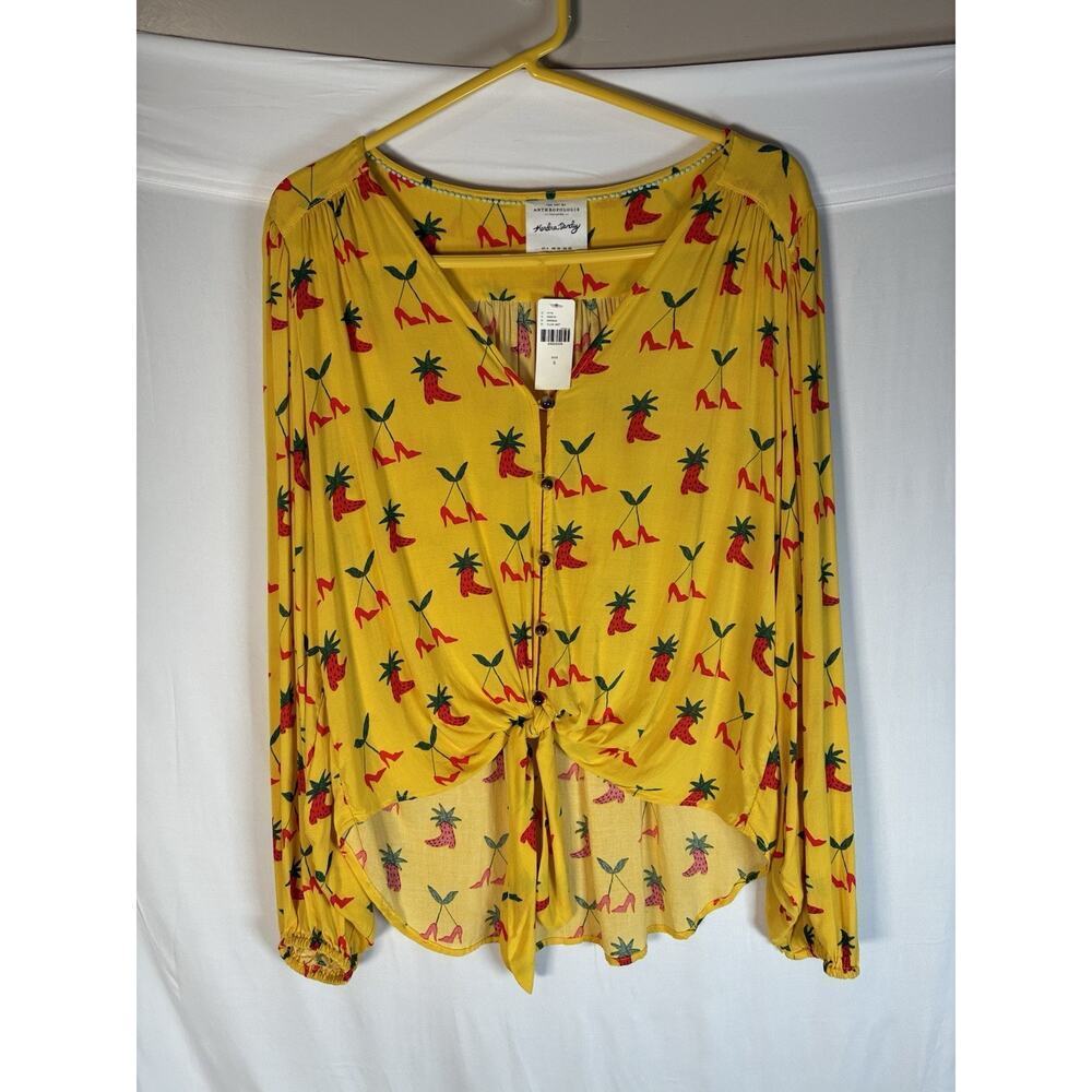 Anthropologie Kendra Dandy Yellow Button Down Blouse Size 6 NWT Tie Front